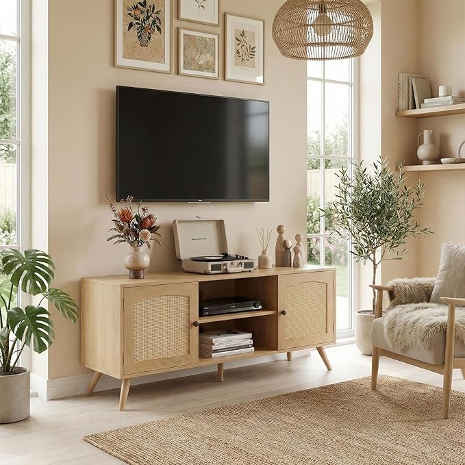 holzart Mid Century Modern Rattan TV Stand for 55/60 Inch TV - 53" Boho Media Console Table with Cane Doors & Open Shelves, Oak Wood Finish Entertainment Center for Living Room, Hallway, Entryway