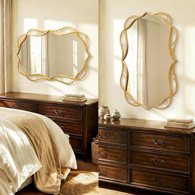 Besdomus Antique Gold Bathroom Mirror: 24"x36" Scalloped Modern Large Bathroom Vanity Mirrors for Over Sink - Farmhouse Decorative Vertical or Horizontal Hanging for Bathroom/Fireplace/Hallway