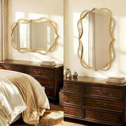 Besdomus Antique Gold Bathroom Mirror: 24"x36" Scalloped Modern Large Bathroom Vanity Mirrors for Over Sink - Farmhouse Decorative Vertical or Horizontal Hanging for Bathroom/Fireplace/Hallway
