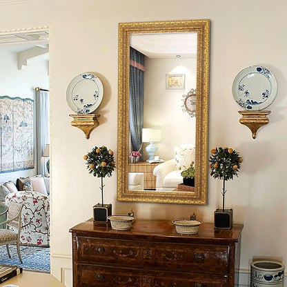 Chende 48" L x 24" W Large Gold Mirror for Wall, Rectangular Decorative Mirror Wall Decor with Leaves Shape Wood Frame, Elegant Baroque Mirror for Bathroom Entrance Hallyway Power Room