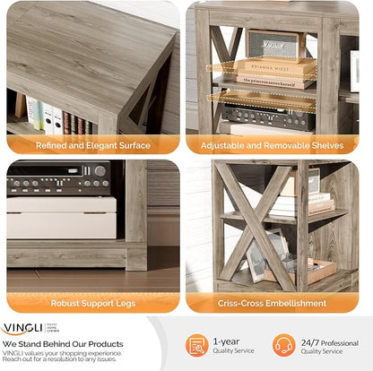 VINGLI TV Stand for 70 Inch TV, Farmhouse Entertainment Center with Storage, Mid Century Modern Media TV Console Table for Living Room Bedroom, Gray Oak
