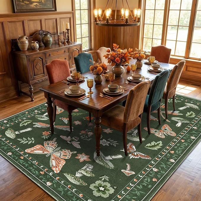 ROYHOME Mushroom 8x10 Area Rugs for Living Room Low-Pile Whimsical Cottage Core Insect Bug Butterfly Funky Dark Gothic Decor for Bedroom Nursery Dining Room Olive Green