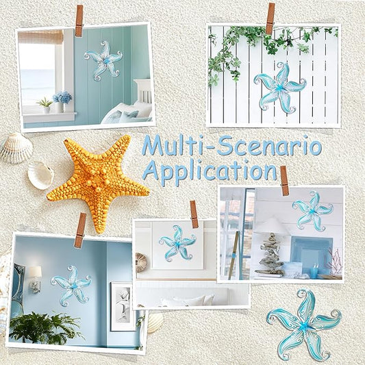 POXOHO Starfish Outdoor Wall Decor for Garden Fence Patio, 12" Hanging Metal & Glass Sculpture, Coastal Beach Ocean Gift for Women Men(Sky Blue)