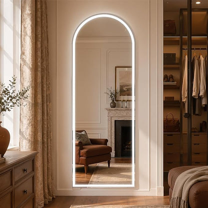 71" x 26" Arched Full Length Mirror with LED Lights, Floor Mirror with Stand, Wall Mirrors Full Length, Body Floor Mirrors, Wall Mounted for Bedroom, Dimmable, Tempered Glass