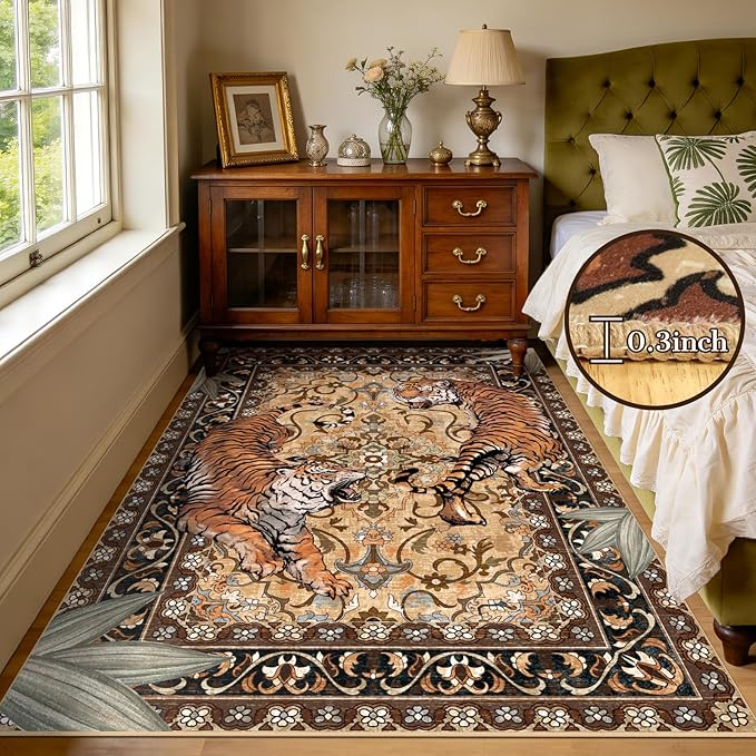 Tiger Washable Area Rugs for Living Room 4x6Ft, Boho Jungle Bedroom Rugs, Thin Botanical Entryway Nursery Area Floor Carpets for Dorm Dining Room Kids Playroom Study Farmhouse, Camel/Coffee