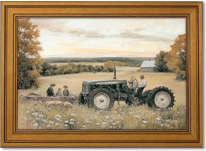 Vintage Gold Framed Canvas Wall Art, Old Tractor Poster Artwork, Country Landscape Print Picture, Farmhouse Aesthetic Painting Wall Decor, for Living Room, Bedroom, Home Decoration, 12x16in