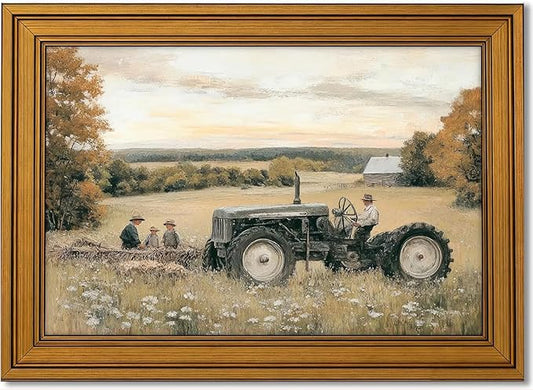 Vintage Gold Framed Canvas Wall Art, Old Tractor Poster Artwork, Country Landscape Print Picture, Farmhouse Aesthetic Painting Wall Decor, for Living Room, Bedroom, Home Decoration, 12x16in