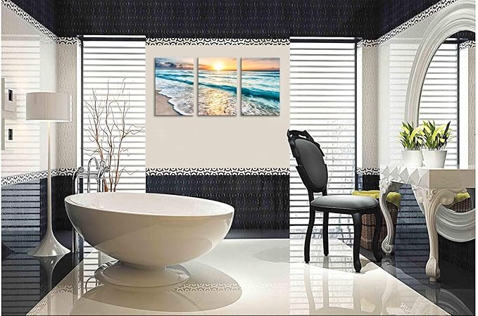 TutuBeer 3 Panel Canvas Wall Art for Home Decor Blue Sea Sunset White Beach Painting the Picture Print on Canvas Seascape the Pictures For Home Decor Decoration,Ready to Hang