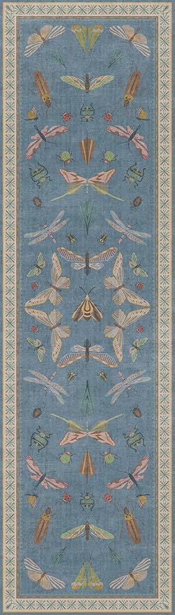 Hazo Haus 2x7 Washable Kitchen Runner Rug, Blue Boho Non Slip Rug for Bathroom, Laundry Room & Hallway, Rubber Backed Insect Print Runner Carpet