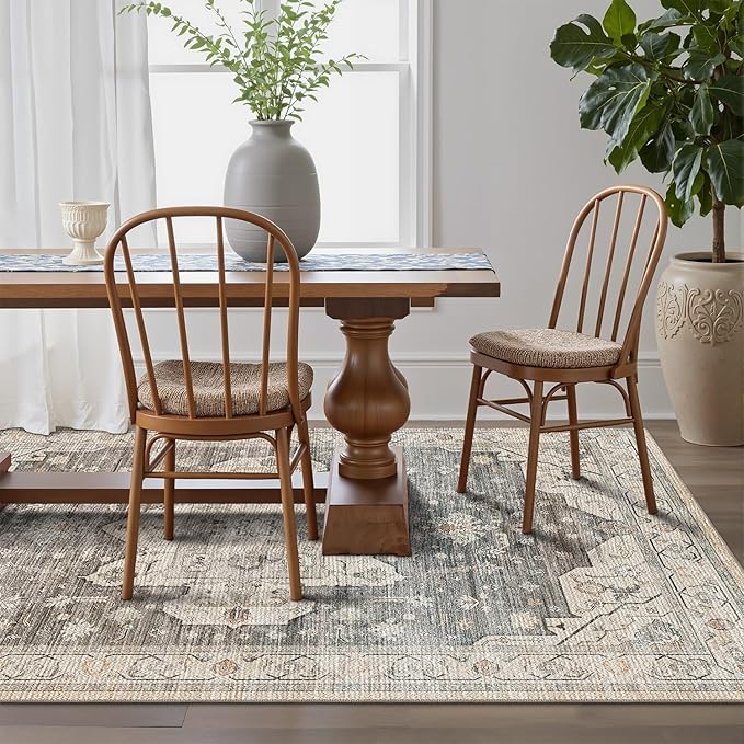 LUMI 5x8 Washable Area Rug for Living Room, Ultra Soft Vintage Rug with TPE Non Slip Backing, Stain Resistant, Low Profile Carpet High Traffic for Bedroom, Dining Room