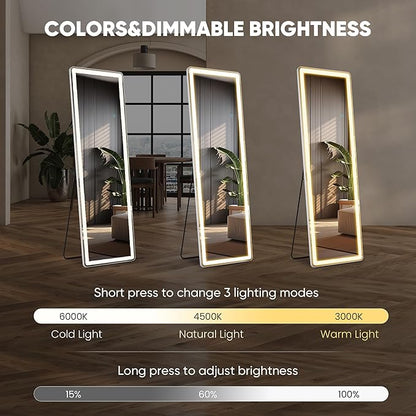Full Length Mirror with Stand 16"×60", Upgraded Full Body Mirrors with LED Light 3 Color Lighting, Floor Standing, Hanging or Leaning Modern Simple Home Wall Decor, White