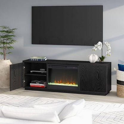 Henn&Hart Fluted TV Stand for TVs up to 75" with 26" Electric Crystal Rocks Fireplace and Ribbed Side Storage Cabinets for Living Room, Family Room, or Office, Natural Black