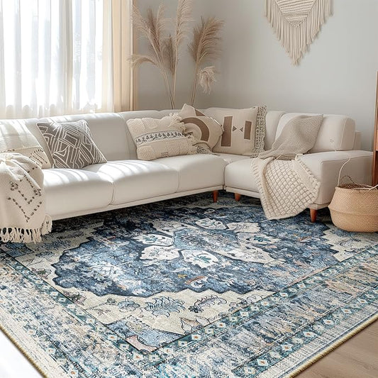 BESTSWEETIE 9x12 Area Rug Washable Rugs for Living Room, No Pile Boho Carpet for Entryway Bedroom Dinning Room, Vintage Carpet Print Distressed Non-Slip, 9 x 12 ft, Blue Navy