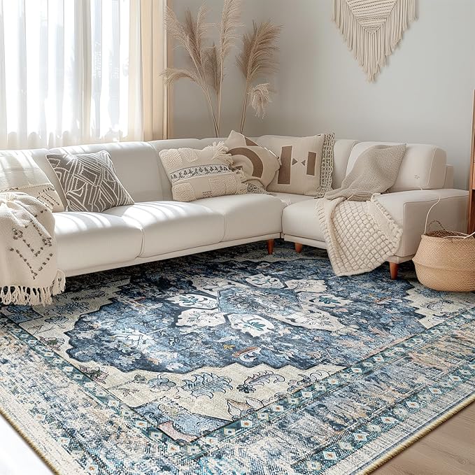BESTSWEETIE Blue Vintage Area Rug, 8x10, Chenille, Machine Made, Washable, Indoor, Floral Pattern, Living Room