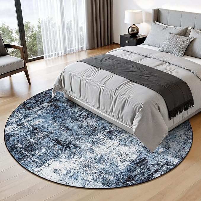 Rugflix Round Area Rugs 6Ft for Living Room, Washable Circle Rug Stain-Resistant Low Pile, Modern Dark Carpet for Bedroom Dining Room Home Office Kid Nursery Room, Navy Blue/Black