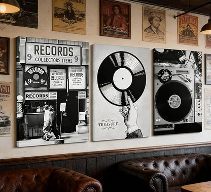 Vintage Music Canvas Wall Art Fashion Black And White Photography Preppy Vinyl Record Painting Picture Wall Decor Bar Rock Music Lovers Poster Print Artwork for Recording Studio Club Home Decoration
