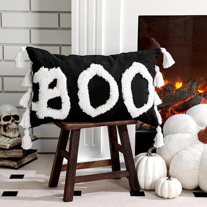 Yuntau Halloween Throw Pillow Cover with Tassels 12 x 20 Inch Decorative Boo Pillowcase Embroidery Furry Plush Boo Cushion Cover Halloween Decorations for Home Bedroom Sofa Couch Living Room Outdoor