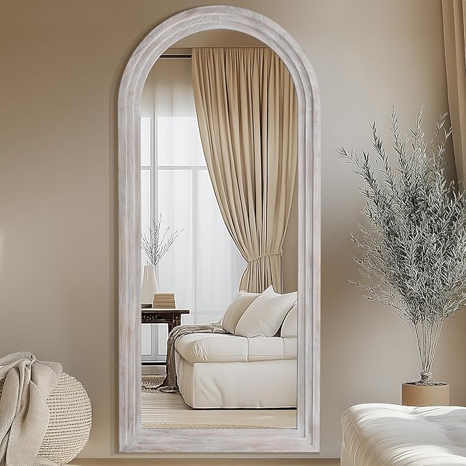 MELOMOIR Arched Full Length Mirror with Solid Wood Frame, 71"x32" Rustic Farmhouse Large Floor Mirror with Stand, Free Standing Leaning Hanging, for Bedroom Living Room Dressing Room, Distressed White