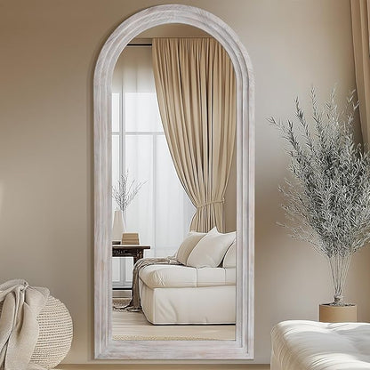 MELOMOIR Arched Full Length Mirror with Solid Wood Frame, 71"x32" Rustic Farmhouse Large Floor Mirror with Stand, Free Standing Leaning Hanging, for Bedroom Living Room Dressing Room, Distressed White