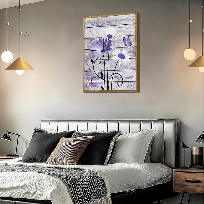 HVEST Farmhouse Purple Floral Framed Wall Art for Living Room, Daisy Butterfly on Rustic Wood Wall Art Nature Plant Flower Pictures for Bathroom Bedroom Office Apartment Decor, 17L X 12W inches