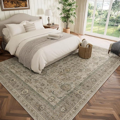Washable 8x10 Area Rugs for Living Room, Boho Non-Slip Vintage Distress Large Rugs for Bedroom Dining Room Nursery Office, 0.3" Neutral Oriental Throw Thin Carpet, Flaxen/Multi, B2