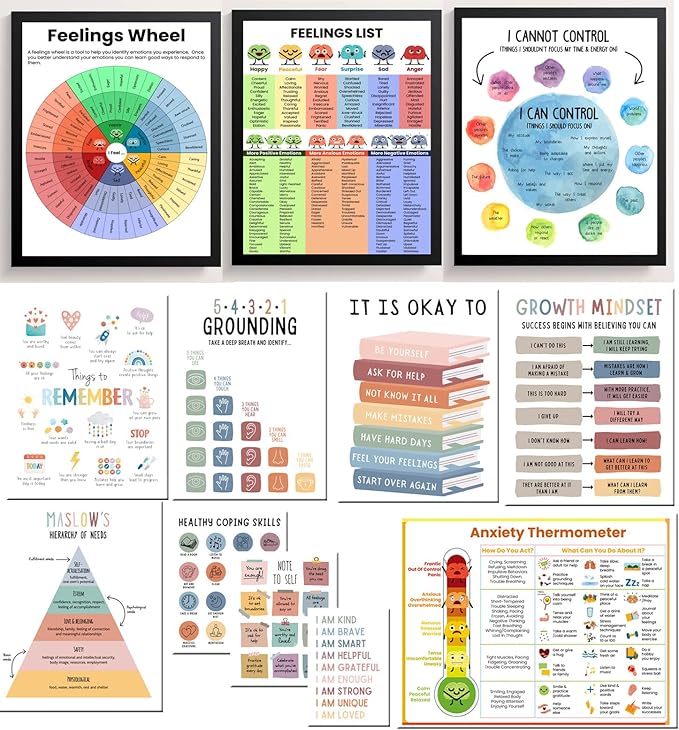 ajdvart 12 Pcs Mental Health Posters - Therapy Office Decor, Homeschool, Classroom & Calm Down Corner | Feelings Wheel & List of Emotions | Healthy Coping Skills Posters(11"x14")
