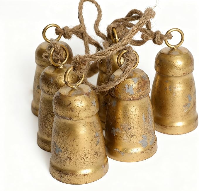 Vintage Gold Metal Cow Bell Garland, Set of 6 Handmade Hanging Bells with Jute Rope, Rustic Farmhouse Ranch-Style Distressed Bells for Porch Wreath Walls Mantels Patio Xmas Décor