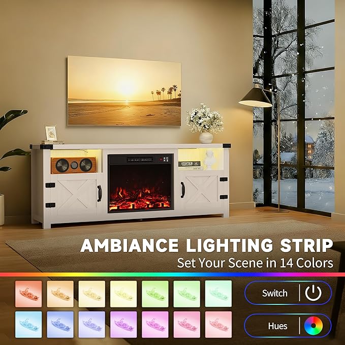 Furmax LED Entertainment Center with Fireplace, Fireplace TV Stand with Storage Cabinets and 2 Open Shelves, Modern Media TV Console for Living Room (White)