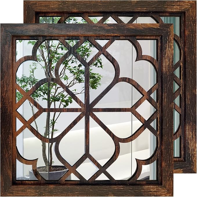 Wocred 20inch 2 PCS Square Wall Mirror,Gorgeous Rustic Farmhouse Accent Mirror, Caramel Color Entry Mirror for Bathroom Renovation,Bedrooms,Living Rooms and More.