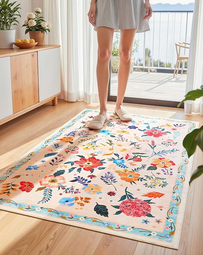 Macgace 3x5 Floral Rug for Girls Bedroom, Machine Washable Area Rugs with Non Slip Backingfor Living Room, Cute Flowers Carpet Kitchen Dining Room Kids Playroom Decor, Peach White