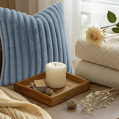 decorUhome Cozy Faux Fur Throw Pillow Covers 24x24 Set of 2 Decorative Soft Plush Striped Modern Farmhouse Boho Couch Euro Sham Pillow Cases with Velvet Back for Sofa Bed Living Room, Grey Blue