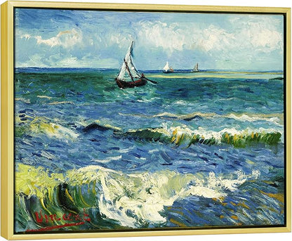 Wieco Art Framed Canvas Wall Art Seascape at Saintes Maries by Vincent Van Gogh Modern Canvas Prints Sea Pictures on Canvas Art for Living Room Home Decorations Gold Frame