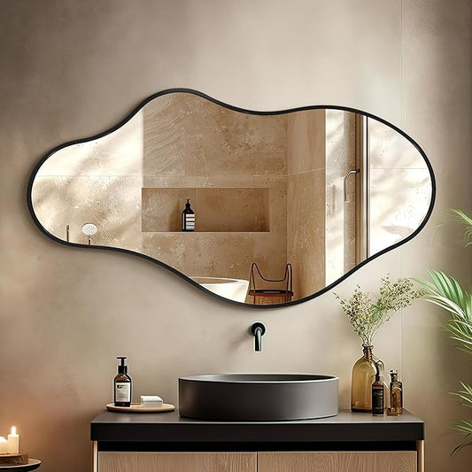 Dorlicecass Bathroom Mirrors for Over Sink - Long Wall Mirrors Decorative 24"x 43" Asymmetrical Abstract Aviation Aluminum Alloy Frame Unique for Bedroom, Living Room, Cloakroom, Entryway Black