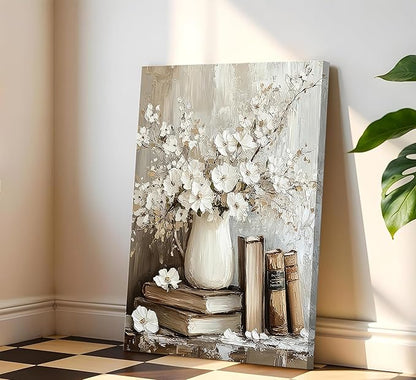 Vintage Books Canvas Wall Art Farmhouse Rustic Floral Painting Picture Wall Decor Still Life Flowers Poster Print Artwork for Countryside Farmhouse Library Gallery Living Room Home Decoration