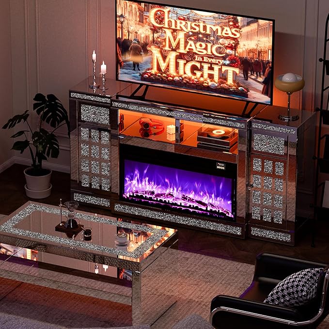 IKIFLY Mirrored Fireplace TV Stand for 65+ inch TV, Silver TV Console Table with Crushed Diamond and LED, Modern Media Entertainment Center with Storage for Living Room, Bedroom and Office