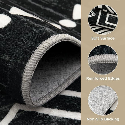 Joydeco Moroccan Black 8x10 Area Rugs for Living Room, Non-Slip Western Large Bedroom Dining Room Rug, Throw Stain Resistant Geometric Aztec Print Modern Soft Carpet for Playroom Office