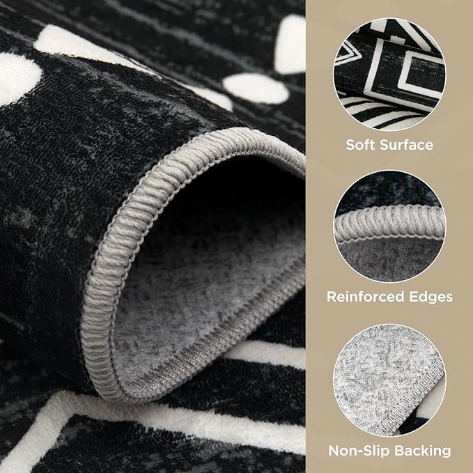 Joydeco Moroccan Black and White Washable 6x9 Living Room Area Rug, Non-Slip Western Stain Resistant Dining Room Rugs for Under Table, Geometric Aztec Print Modern Carpet for Bedroom Office