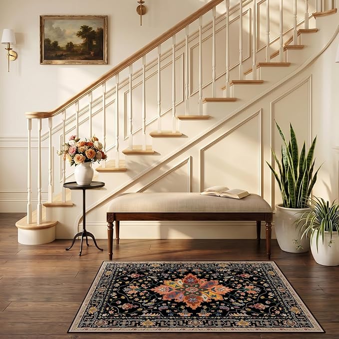 RELEANY Area Rugs 2'6"x4' Kitchen Rugs Entry Rug Small Rugs for Entryway Kitchen Bathroom Door Mat Indoor Entrance,Washable Non Slip, Black Colorful Floral Dark Tan