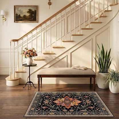 RELEANY Area Rugs 2'6"x4' Kitchen Rugs Entry Rug Small Rugs for Entryway Kitchen Bathroom Door Mat Indoor Entrance,Washable Non Slip, Black Colorful Floral Dark Tan