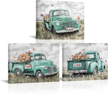 sechars Truck Wall Art Canvas Vintage Farmhouse Decor Faith Hope Love Floral Painting Prints (Green)