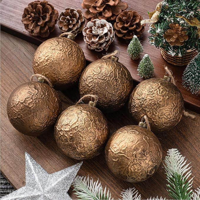 Suncalla 6 Pcs Farmhouse Christmas Ball Ornaments 3.15'' Vintage Antique Gold Christmas Tree Decor Rustic Distressed Neutral Ornaments with Loop Shatterproof Hanging Ball for Farmhouse Xmas Decor