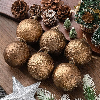 Suncalla 6 Pcs Farmhouse Christmas Ball Ornaments 3.15'' Vintage Antique Gold Christmas Tree Decor Rustic Distressed Neutral Ornaments with Loop Shatterproof Hanging Ball for Farmhouse Xmas Decor