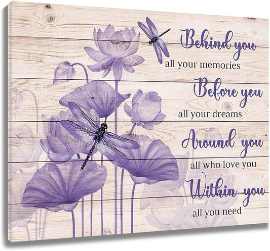 LB Purple Flower Motivational Wall Art Inspirational Quotes with Floral Dragonfly Canvas Wall Art Plant Pictures Wall Decor for Living Room Bedroom Bathroom Office Home Framed Ready to Hang 20x16 Inch