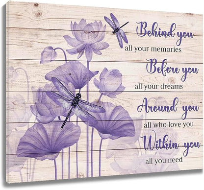 LB Motivational Wall Art Inspirational Quotes with Purple Floral Dragonfly Canvas Wall Art Plant Pictures Wall Decor for Living Room Bedroom Bathroom Office Home Framed Ready to Hang 16x12 Inch