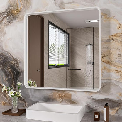 JISOSO White Bathroom Mirror 36x36 Inch, White Metal Framed Bathroom Mirror for Wall, Rounded Rectangle Matte Bathroom Vanity Mirror, Tempered Glass, Anti-Rust, Horizontal/Vertical