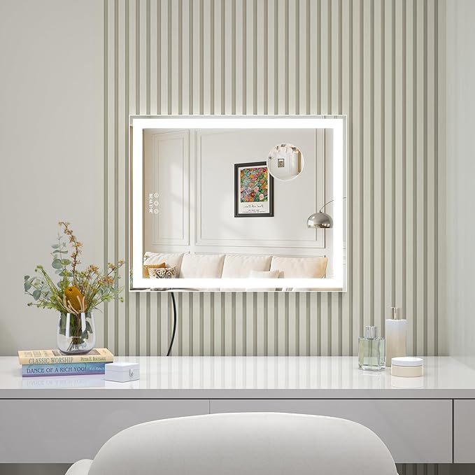 ANYHI Makeup Mirror with Lights, 24"x20.5" Lighted Vanity Mirror with 10X Magnifying, 3 Color Modes, Dimmable, Smart Touch Control, Memory Function, USB Charging Port, Tabletop/Wall Mount, White