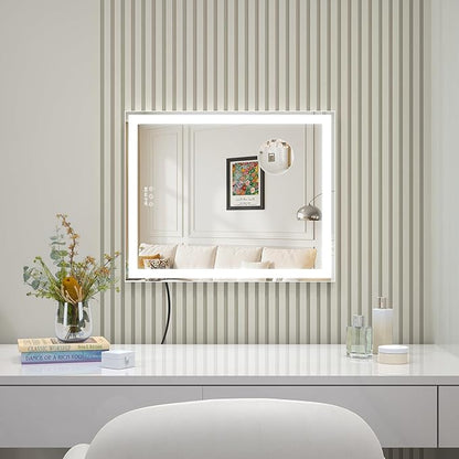 ANYHI Makeup Mirror with Lights, 24"x20.5" Lighted Vanity Mirror with 10X Magnifying, 3 Color Modes, Dimmable, Smart Touch Control, Memory Function, USB Charging Port, Tabletop/Wall Mount, White