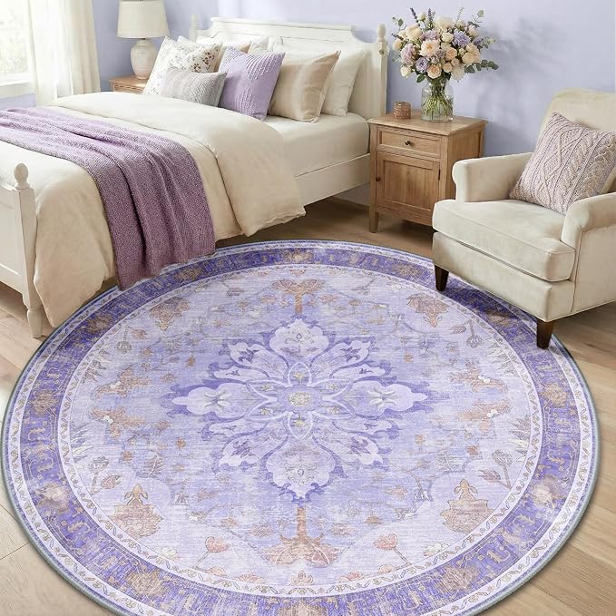 RELEANY Area Rugs Round 6ft Washable Non-Slip, Floral Vintage Distress Print Pattern Medallion Carpet for Living Room Bedroom Dining Room, Light Purple Brown