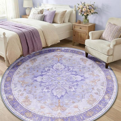 RELEANY Area Rugs Round 6ft Washable Non-Slip, Floral Vintage Distress Print Pattern Medallion Carpet for Living Room Bedroom Dining Room, Light Purple Brown