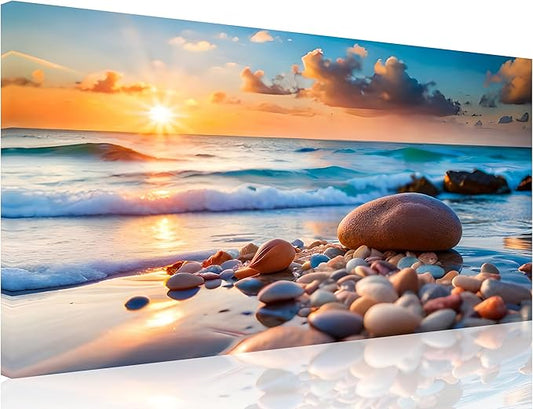 TutuBeer 1 Panel Beach Pictures Wall art Beach Pictures Blue Sea Sunset White Ocean with Stone Print on Canvas Ocean Picture Wall Decor for Home Decor Decoration Ready to Hang 12x24inch